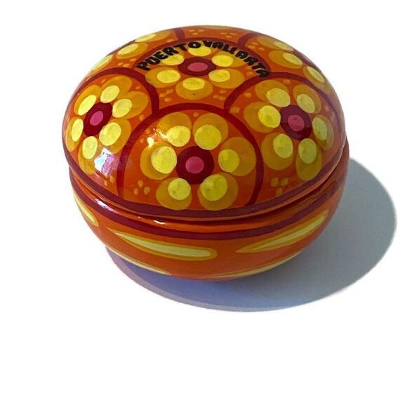 Mexican Redware Pottery Powder Box Signed Puerto Vallarta Trinket Orange Flowers - Picture 3 of 9